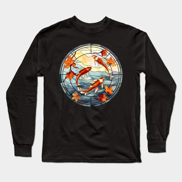 Stained Glass Red Koi Fish and Autumn Leaves Long Sleeve T-Shirt by Pixelchicken